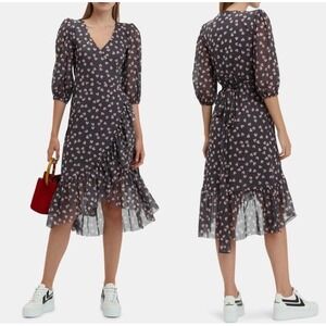 Ganni Tilden Mesh Total Eclipse Floral Wrap Dress Grey Pink Ruffle Midi 36 Small
